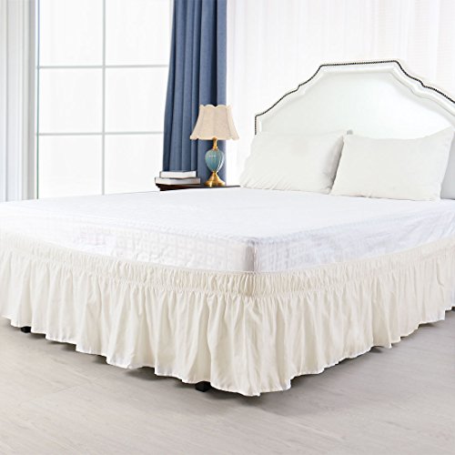 Bed Skirt - Wrap Around Bed Skirts Elastic Dust Ruffles, Easy Fit Wrinkle and Fade Resistant Luxurious Fabric Solid Color, Ivory King Size Beds 15 Inch Drop