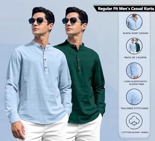 Image of Zombom Combo of Men's Solid Cotton Polyester Blend Full Sleeve Straight Kurta Shirt (Pack of 2)