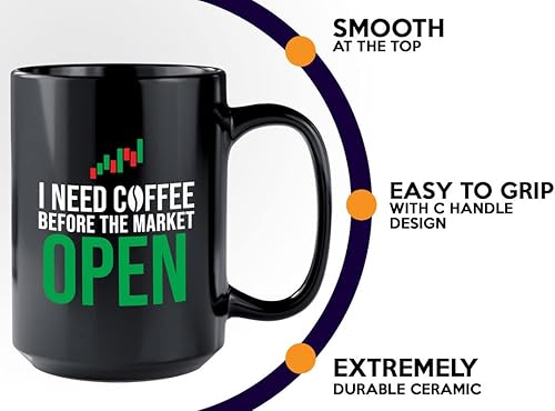 Miniatura 5 de Taza de café del mercado de valores 15oz Negro - Necesito café antes de que se abra el mercado - Mercado de Valores Corredores Asesor Financiero