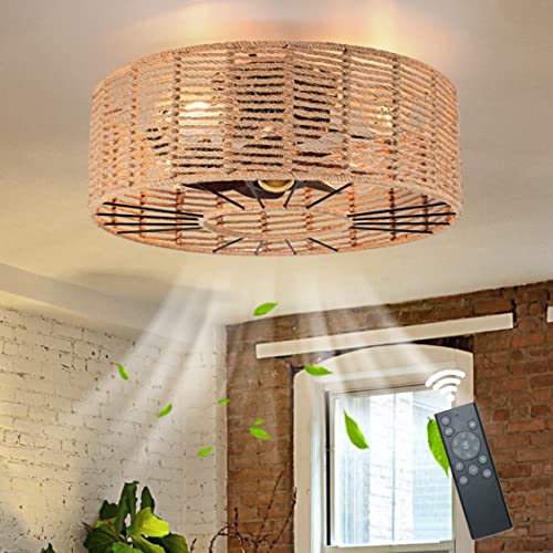 AyshwillDec Caged Ceiling Fans with Light Hemp Rope Boho Ceiling Fan Low Profile Ceiling Fan with Light and Remote Farmhouse Ceiling Fans Enclosed Fan with Lights for Bedroom Kitchen