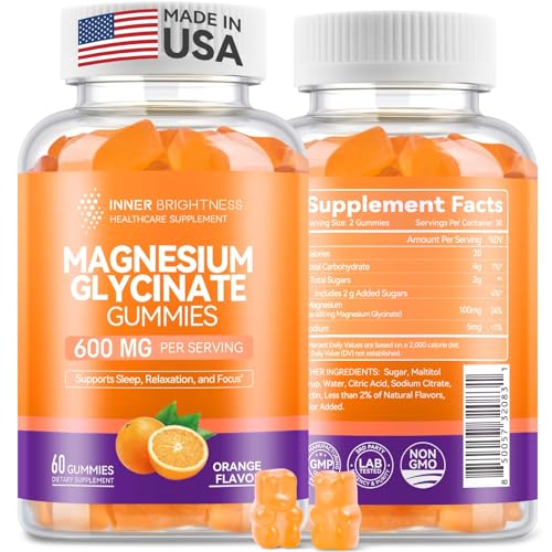 Image of Magnesium Glycinate Gummies 600mg, Non-GMO, Gluten-Free, Magnesium Gummies for Adults & Kids, Sleep, Relaxation & Focus, Orange Flavor, 60 Count