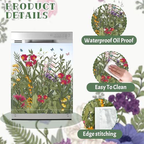Image of Summer Flowers Dishwasher Magnet Cover Wildflowers Dishwasher Magnet Sticker for Kitchen Decoration 23x26 in Farmhouse Floral Refrigerator Magnet Cover Fridge Panel Decal Pad