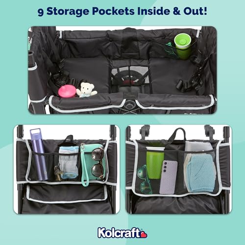 Image of Kolcraft Cloud 360 Lightweight Double Baby Stroller Wagon for Two Kids Toddlers, Ultra Maneuverable Collapsible Cart with Deep Footwell, Storage Pockets Adjustable Handle Easy in and Out