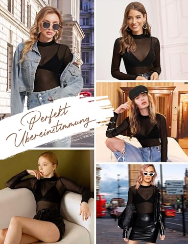 Kiiwah Damen Mesh Transparentes NetzoberteilSexy Schwarz T-ShirtDurchsichtig LangarmshirtBluseTunikaClubwearParty
