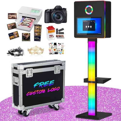 Image of Mirror Photo Booth with 15.6 Interactive Touch Screen DSLR Photo Booth with Flight Case Remote Control RGB Mood Light Instant Print and Share for Professional Party Photography (Black)