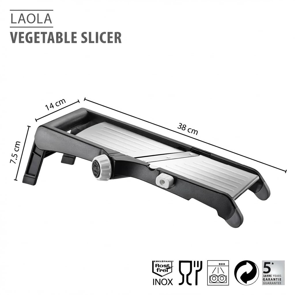 GEFU Cortador de verduras LAOLA | Grosor de corte ajustable 1 – 9 mm | Juliana y corte ondulado | Acero inoxidable, pies antideslizantes, soporte de seguridad, apto para lavavajillas