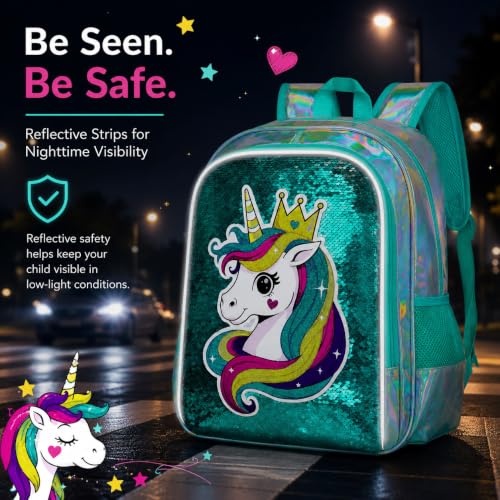 Image of CCJPX 16 inch Unicorn Backpack for Girls, 3Pcs Kids Sequin Bookbag with Lunch Box, Water Resistant Elementary School Bag for Kindergarten Preschool Toddler (Green)