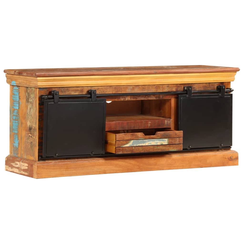 Mobile TV in legno massello riciclato stile industriale vintage con tre scomparti e un cassetto, dimensioni 110 x 30 x 45 cm in legno antico