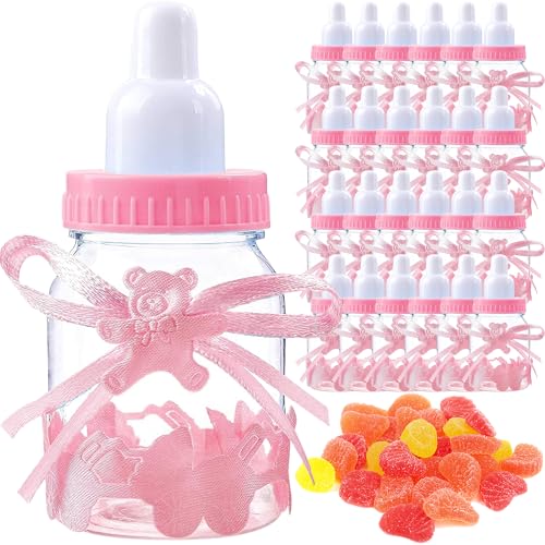 MINGZE 24 peças Biberon de Plástico, Mini Garrafa de Doces Caixa de Presente para Festa Doces Lembrança de Batizado Duche Baby Shower Aniversário Festa Bebé Favorece Decorações (Rosa)