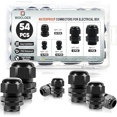 Wocloer 54 Pcs Cord Grip Cable Glands Kit, 1/4" 3/8" 1/2" 3/4" 1" NPT Black IP68 Waterproof Adjustable Nylon Strain Relief Cable Connectors for Electrical Box Cover