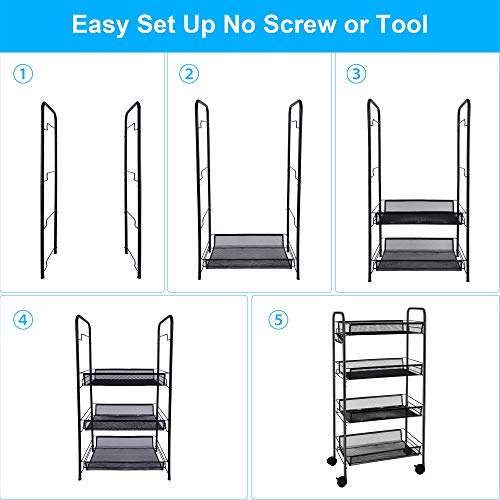 Easyhouse 4-Tier Metal Utility Cart, Heavy Duty Rolling Organizer Cart with Double Handles and 360° Swivel Wheels for Office, Home and Kitchen, Black