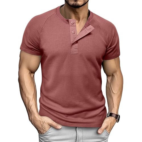 Men Quarter Button Waffle Henry Shirts Round Collar T Shirt for Business Work Summer Loose Trendy Pullover Tops (Wine Red,Small)