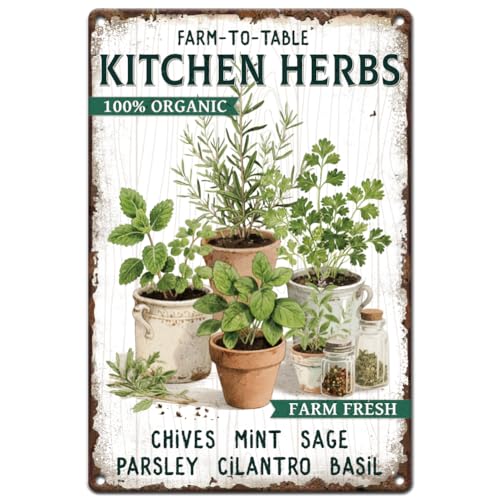 Hobbspring Plaques en métal vintage 20 x 30 cm Plaque rétro pour herbes de cuisine ferme à table Plantes d'herbes fraîches Poster pour chambre jardin cour...