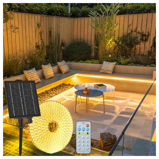 Gaoxun Solar LED Strip Außen, 10m 640 LED Outdoor Streifen IP68 Wasserdicht mit Fernbedienung, Dimmbar, 8 Modi, Flexibel LED Leiste für Garten, Terrasse, Balkon, Pavillon, Weg, Traufe Deko, Warmweiß