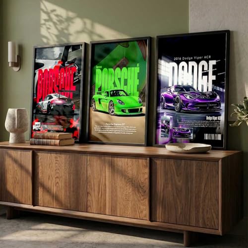 Image of HOTHOUSE Big Porsche 911 GT3, Porsche Carrera GT, Dodge Viper Cars Framed Posters Gift Items for Boys Room Wall Decoration Bedroom Living Room Office Studio Decor | Set Of 3 Size (10 X 13 inch)