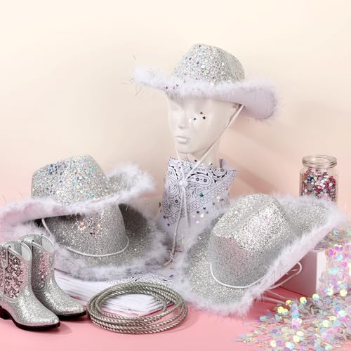 Image of Coume 12 Pcs Sparkly Adults Cowboy Hat and Bandanas Women Men Western Glitter Cowgirl Party Hats with Adjustable Drawstring