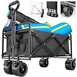 Collapsible Heavy Duty Wagon Carts with Big Solid Rubber Wheels and Brakes for All Terrain, Utility Foldable Large Wagon with 400LBS Capacity for Beach, Sand, Garden, Grocery, Outdoor, Camping