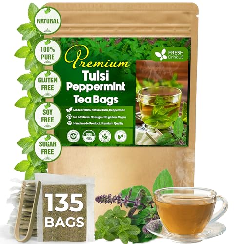 Image of FreshDrinkUS, Premium Tulsi Peppermint Herbal Tea - 135 Tea Bags, 100% Natural, Blend of Tulsi Holy Basil Leaves, and Peppermint Leaves. Made with Natural Material Tea Bags. No Sugar, Vegan.