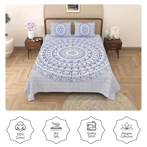 Image of Opulent Collection Double Bedsheet with 2 Pillow Cover | 100% Cotton Bedsheets for Double Bed | Handloom Bedsheet | Size 86x90 inches | King Size (90X102 Inches) (Blueberry, King)