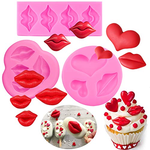 BUSOHA Lips Fondant Molds,Set of 3 Sexy Lips Kiss Collection Candy Silicone Molds for Cake Decoration,Chocolate Pops,Pastry Sugarcraft,Polymer Clay,Resin, Baby Shower Wedding Bachelor Party Supplies