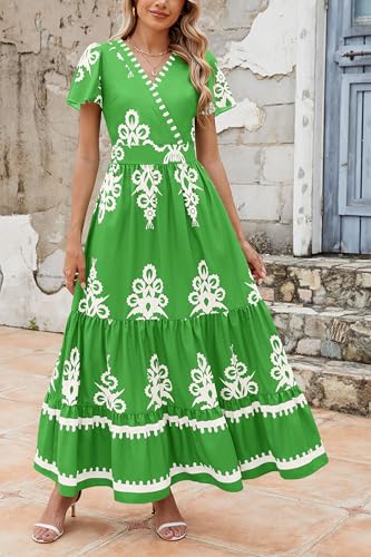 Image of PRETTYGARDEN Womens 2026 Summer Casual V Neck Boho Maxi Dress Flowy Aline Bell Sleeve Tiered Floral Dresses with Pocket