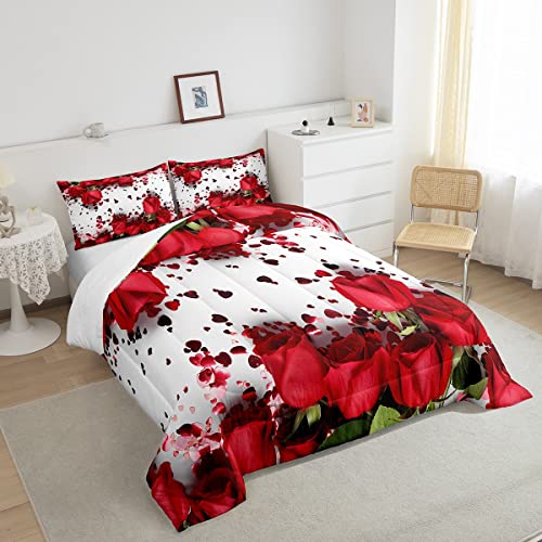 Image of Feelyou Rose Comforter Red Rose Petals Bedding Set Floral Bouquet Botanical Design Comforter Set Romantic Flowers Microfiber Duvet Set Valentine's Day Couple Lover Room Decor Quilt Set Queen Size