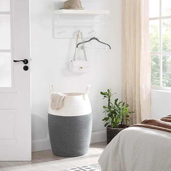 Laundry Hamper Woven Cotton Rope Large Clothes Hamper 25.6" Height Modern Curver Basket with Extended Cotton Handles for Storage Clothes Toys in Bedroom, Bathroom, Foldable