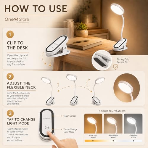 Image of One94Store FlexiClip Design Rechargeable LED Clip Lamp | Flexible Gooseneck Desk & Bedside Light | Adjustable Brightness | USB Powered Study & Reading Lamp (White)