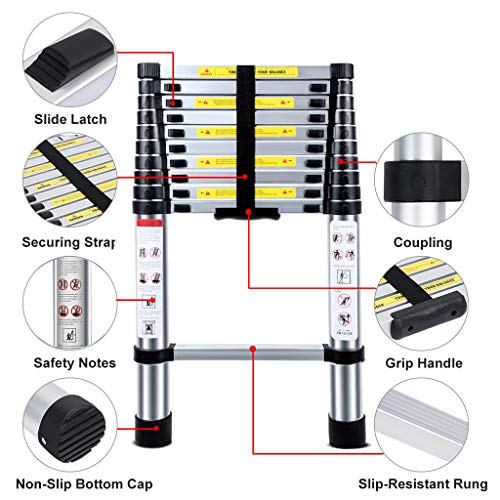 Telescoping Ladder Jason 10.5FT | 3.2M Max Load 330lbs Aluminum Ladder Extendable Ladder with EN131 and CE Standard [Step A +++](10.5FT/3.2M) - Thumbnail 3
