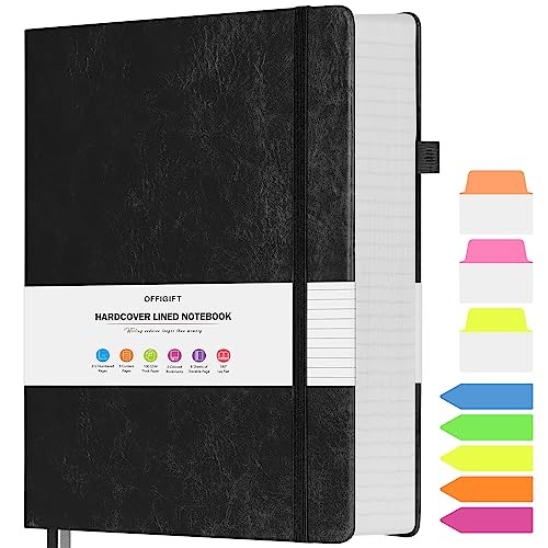 OFFIGIFT College Ruled Notebook, Large A4 Hardcover Leather Journal, 312 Numbered Pages Writing Journal, 100gsm No Bleed Paper, Lined Journal Notebook for Women Men School Office, 8.5''&times;11'', Black