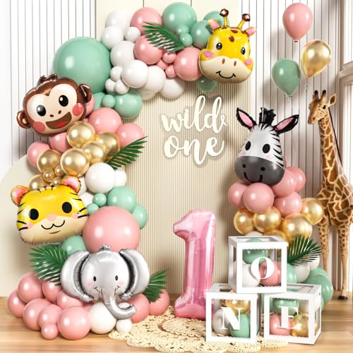 Toyssa Decoração de aniversário 1 ano para menina, 137 peças animais da selva kit arco para balões safari com caixa de balões e balão 1 ano, decoração festa de primeira menina infantil