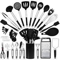 RFAQK Kitchen Utensils Set with Holder, 40PCs Silicone Cooking Utensils for Nonstick Cookware,Heat Resistant Kitchen Tools & Gadgets with Can Opener,Potato Peeler,Tongs, Spatulas, (40 Pcs Black)