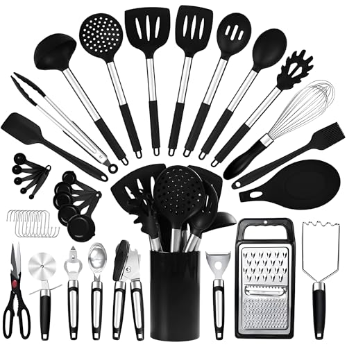 RFAQK 40PCs Silicone Kitchen Utensils Set with Holder 446℉ Heat Resistant,BPA Free Cooking Utensils Set, Silicone Utensil Set Includes Can Opener, Potato Smasher,Peeler,Tongs,Spatula Set,Pizza Cutter