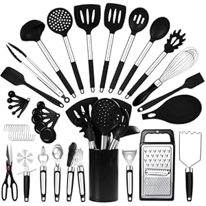 RFAQK 40PCs Silicone Kitchen Utensils Set with Holder 446℉ Heat Resistant,BPA Free Cooking Utensils Set, Silicone Utensil Set Includes Can Opener, Potato Smasher,Peeler,Tongs,Spatula Set,Pizza Cutter
