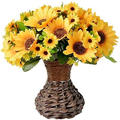 Vase with Fall Artificial Flowers Arrangement，Fake Silk Sunflower in Handmade Vase for Home, Kitchen or Office Decoration (Yellow Sunflower)