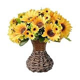 Vase with Fall Artificial Flowers Arrangement，Fake Silk Sunflower in Handmade Vase for Home, Kitche