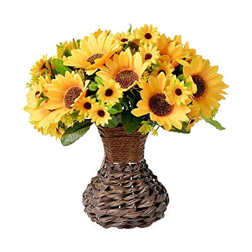 Vase With Fall Artificial Flowers Arrangement，Fake Silk Sunflower In Handmade Vase For Home, Kitchen Or Office Decoration (Yellow Sunflower) #TOP5