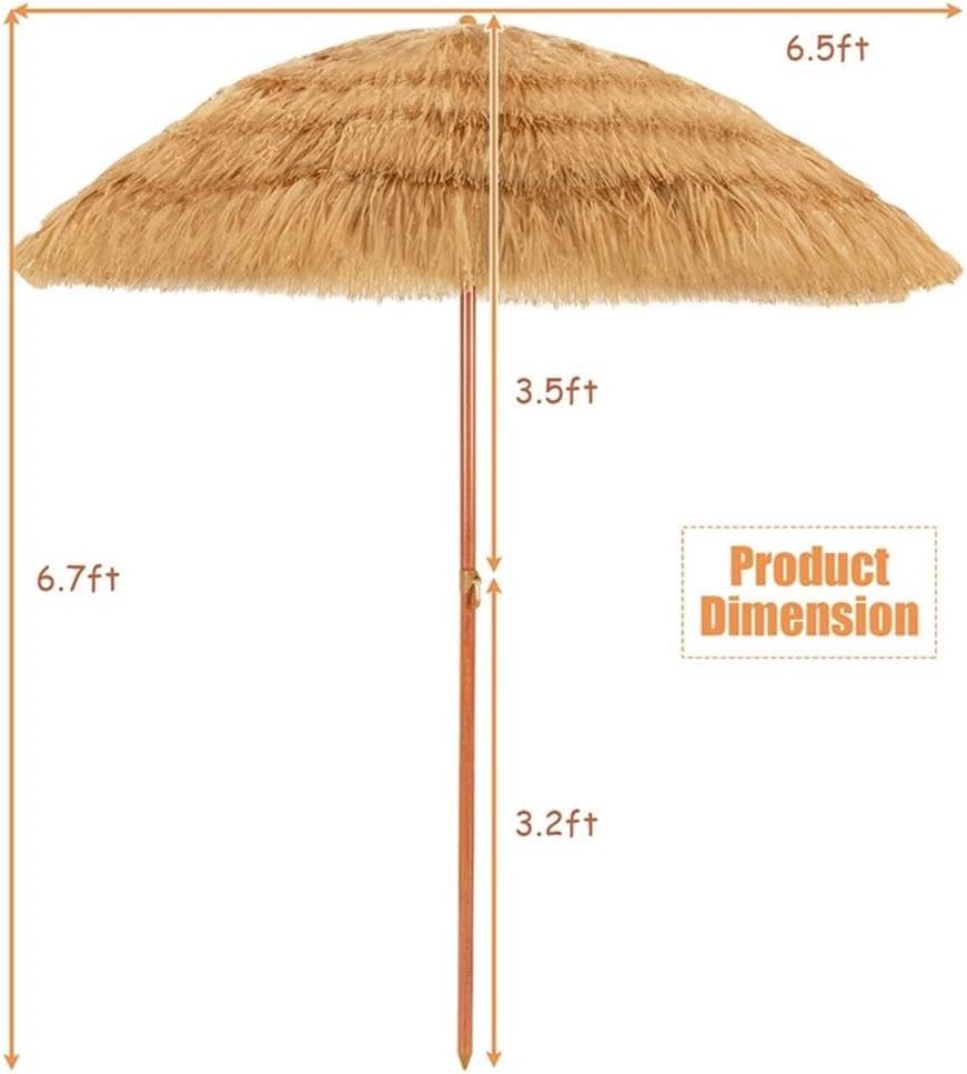 Pemberly Row 6.5 FT Patio Umbrella, Tilt Mechanism, PP Straw Canopy, Khaki, Portable Thatched Design, UV Protection, Weather-Resistant Iron Frame, Beach or Poolside Shade for Outdoor Use