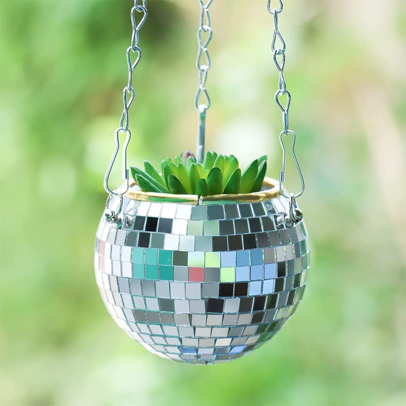 Pot De Fleurs Suspendu Boule Disco Argenté 15 Cm - Avec Chaîne, Macramé Et Support Bois - Déco Intérieur/extérieur Bohème