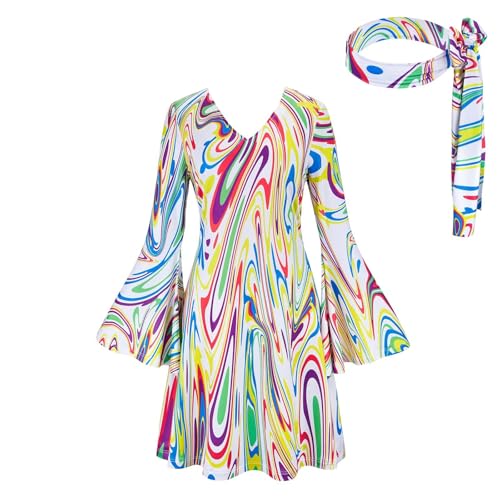 Jutrisujo Disco Costumes for Women 70s 60s Hippie Costume Disco Dress Halloween Cosplay Clothes Plus Size White 2XL