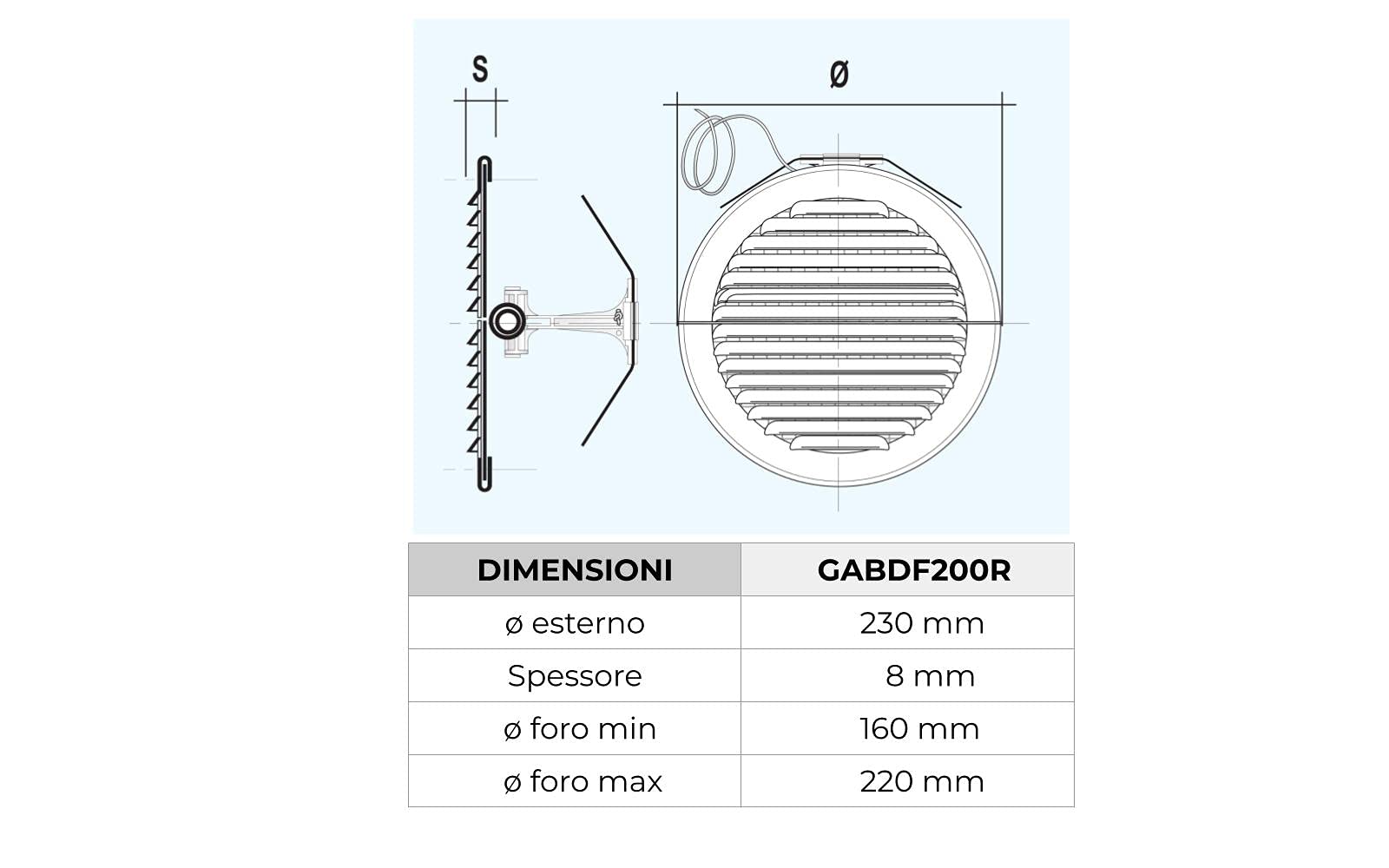 La Ventilazione GABDF200R Griglia di ventilazione tonda pieghevole in Alluminio verniciato bianco con rete antinsetti, diametro ø235 mm