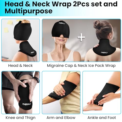 iTHERAU Migraine Relief Ice Pack Set: Reusable Cap & Neck Wrap for Headaches, Puffy Eyes, and Cervical Pain