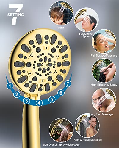 Hibbent Handheld Shower Head, High Pressure 7-Setting Shower Head, 5'' Polished Brass Face, 71-Inch Stainless Steel Shower Hose, Adjustable Bracket, 7 Functions Powerful Gold Shower Spray Head Set #TOP1