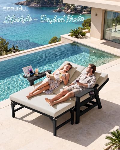 Image of SERWALL 2-in-1 Convertible Sofa Daybed with Cushions & Ottoman Table Set | HDPE 4-Position Reclining Outdoor Patio Lounge Chair, 4-in-1 Cup Holder Daybed Sofa Furniture, Black Frame with Khaki Cushion