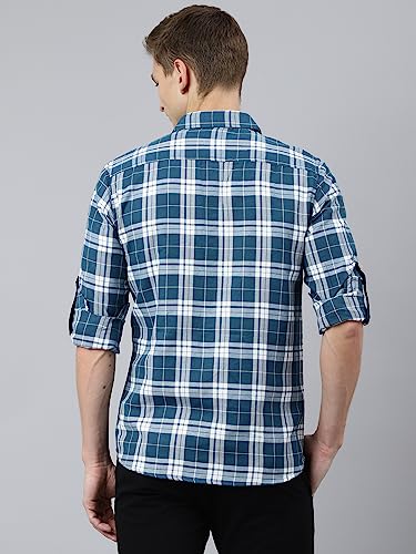 Image of Thomas Scott Men's Polyester Checkered Slim Fit Casual Shirt with Spread Collar and Long Sleeve (TS1045 Wood)