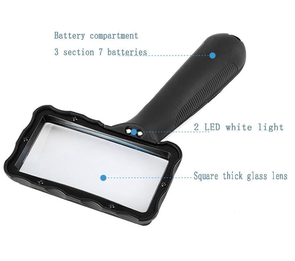 Lupa científica Rectangular ancha de Mano con Luz LED Diseño de Mango de agarre Suave Área Visible Grande