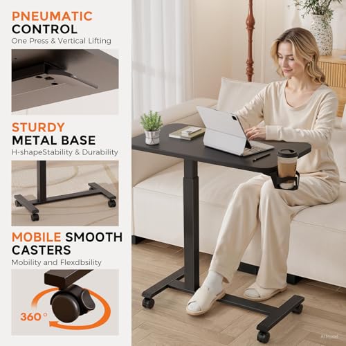 Image of GTPLAYER Small Standing Desk with Lockable Wheels, Pneumatic Mobile Rolling Laptop Desk,Adjustable Height Overbed Bedside Table Computer Workstation for Home Office (28 inch W x 16 inch D, Black)