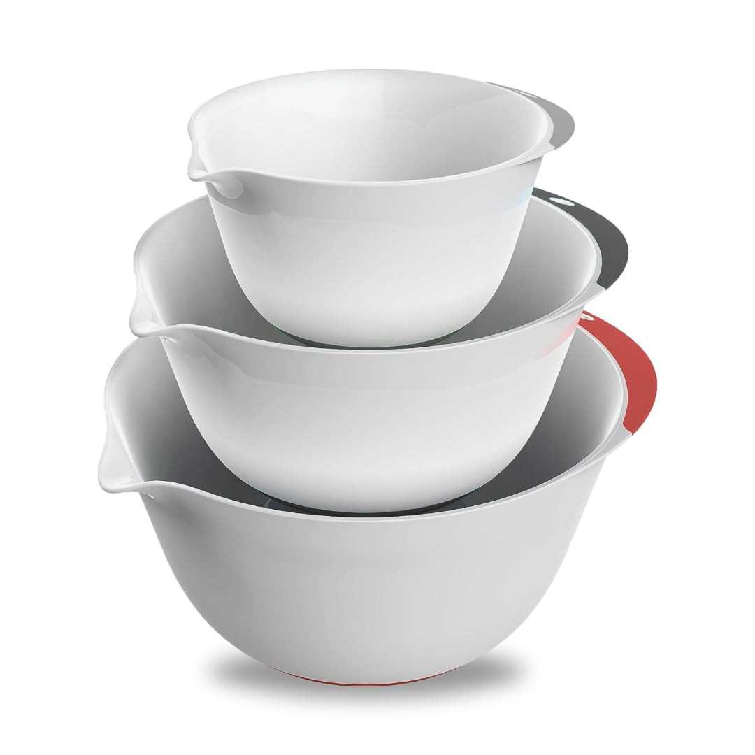 Multipurpose 3Pieces Nesting Plastic Mixing Bowl Set - Easy Pouring - Non-Slip Base Rubber Grip Handles - 3 Size Capacity (S, M, L) – Multi-color - Compact design to Store - for Baking Salads and More
