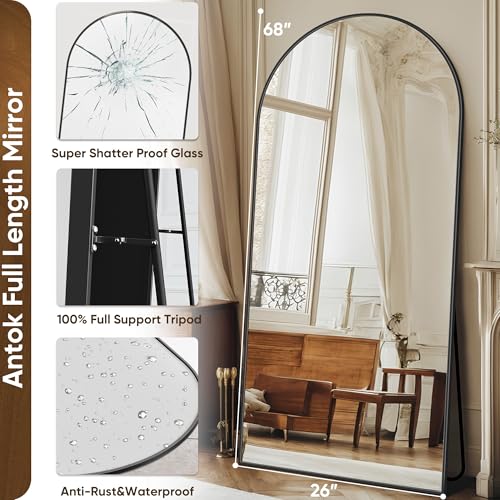 Full Length Mirror, 68"x26" Floor Mirror, Floor Standing Freestanding Arch Full Body Mirror with Stand for Bedroom, Hanging Mounted for Living Room Cloakroom, Black