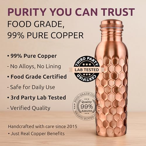 Image of 100% Pure Copper Water Bottle for Drinking 34 Oz-Honeycomb | Wide Mouth, Extra Large Ayurvedic Copper Water Bottle with Straw - Handcrafted Leak-Proof Vessel, Reusable & BPA-Free